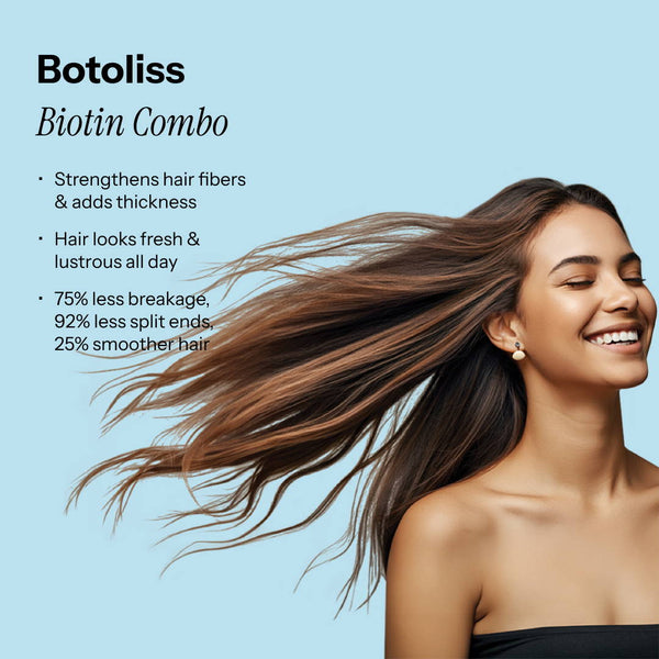 Beauty Garage Botoliss Biotin Combo—model showcasing smooth, strong, and healthy hair with biotin-infused care.