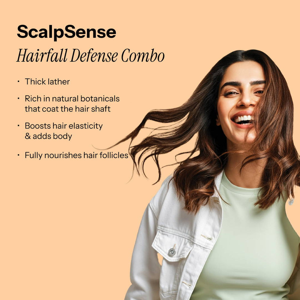 Scalpsense Hairfall Defense Combo—strengthens roots, reduces hair fall, and promotes healthier, fuller hair growth.