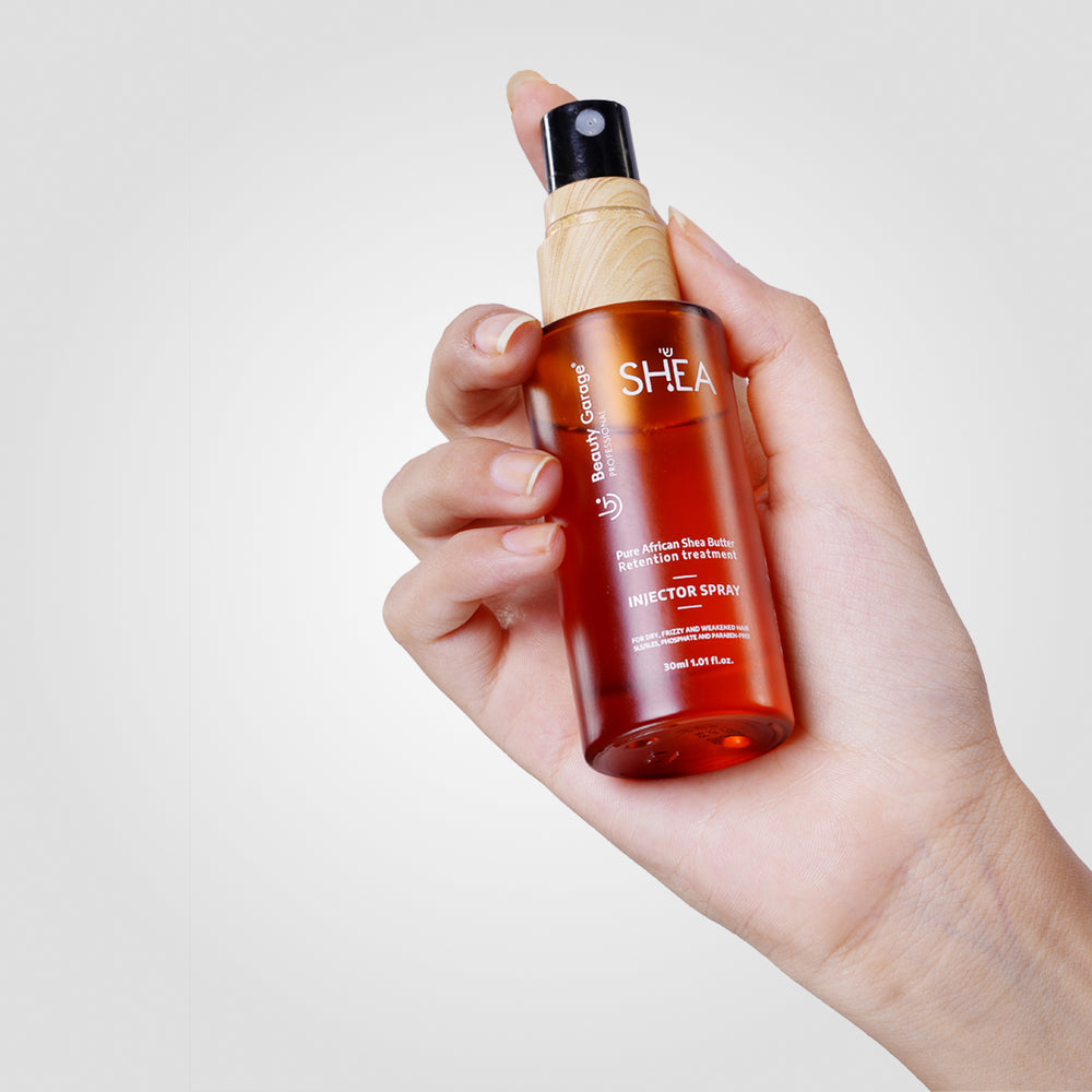 Beauty Garage Shea Retention Injector Spray 30ml, highlighting deep hydration, moisture retention, and hair nourishment.