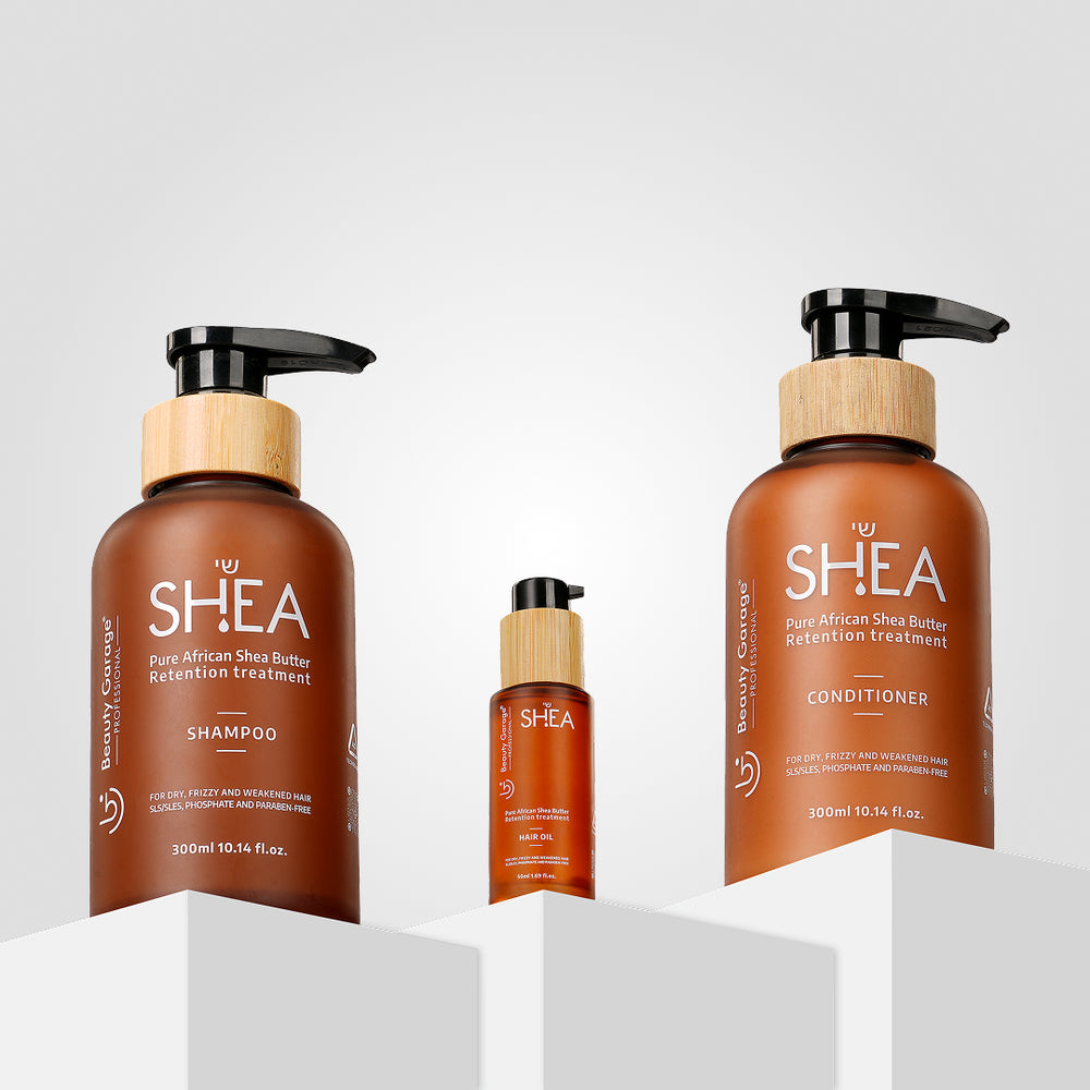 Shea retention combo with shampoo, conditioner, and oil for deep nourishment, hydration, and healthy hair care.