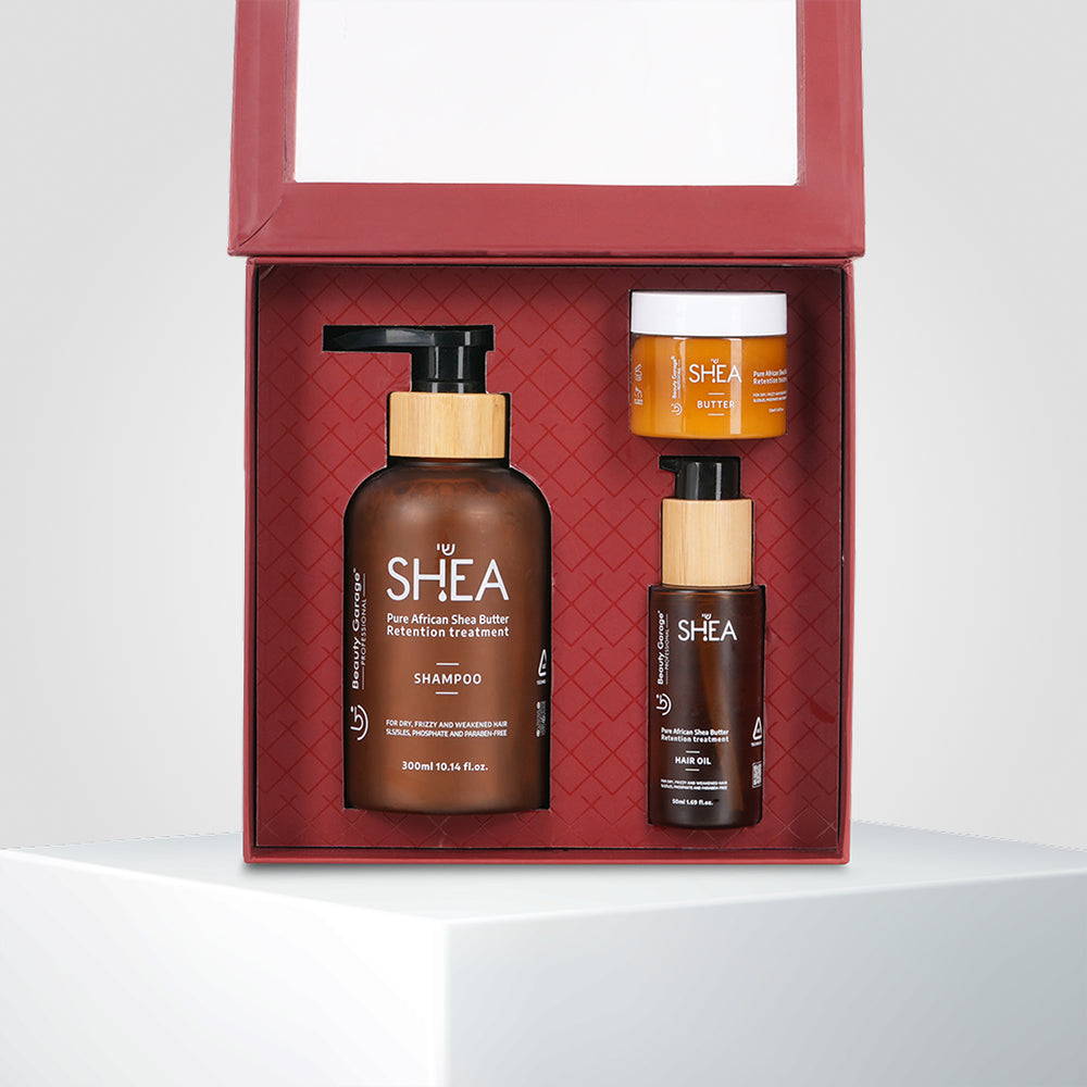 Shea retention hair care set – pack of 3 with shampoo, oil, and butter for deep hydration and nourishment.