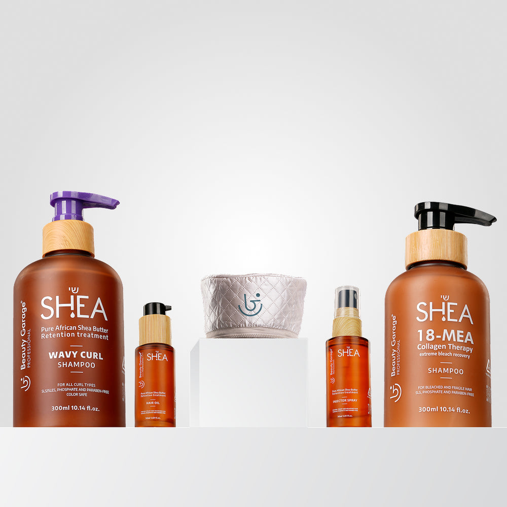 Shea Curl Shampoo, Collagen Shampoo, Oil, Injector Spray & Heating Cap Combo – Ultimate hydration and care for curly hair.